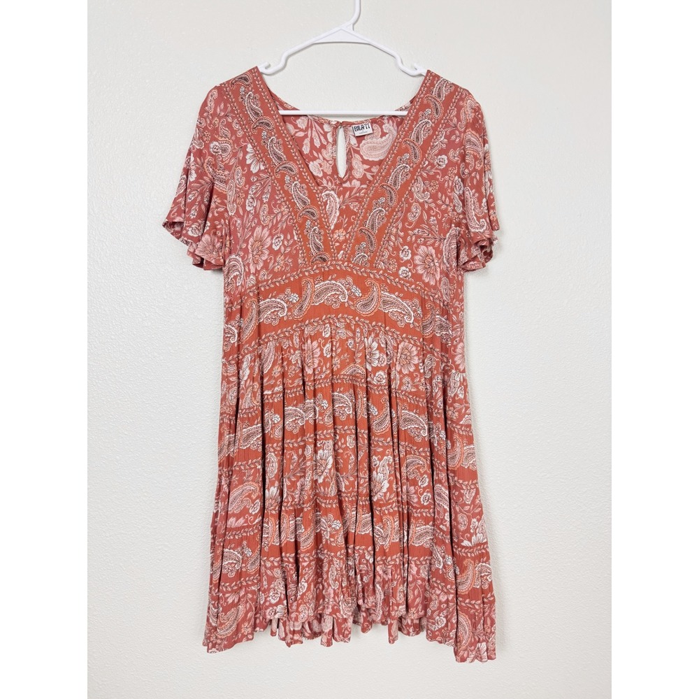 Bila 77 Terracotta Paisley Floral‎ Tiered Boho Mini Dress Small